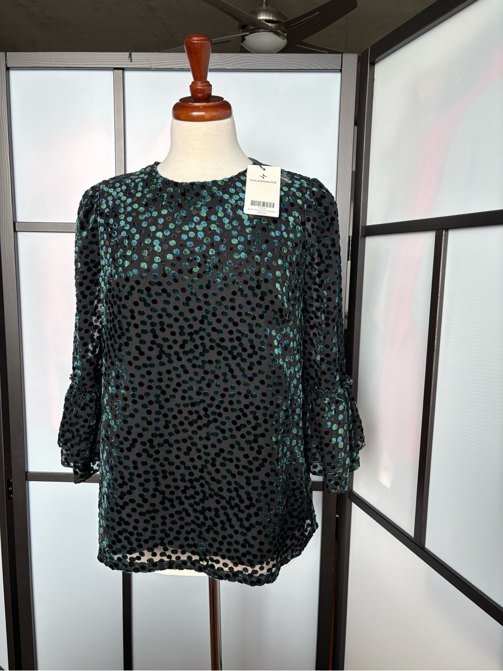 Tuckernuck Luciela Black Flock Dot Velvet Blouse Green Teal NWT M
